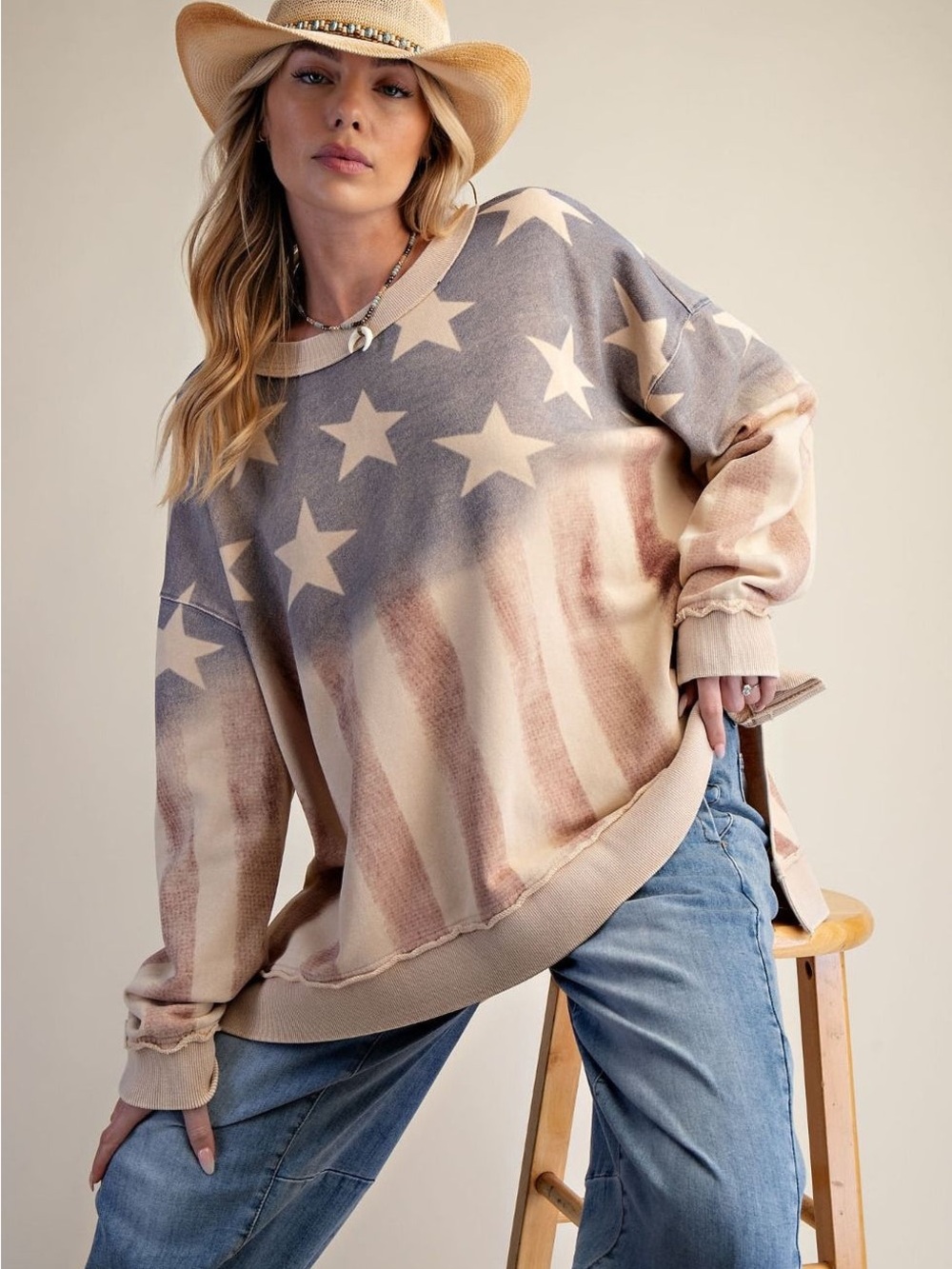 Easel American Flag Washed Terry Oversized  Pullover - Picture 3 of 5